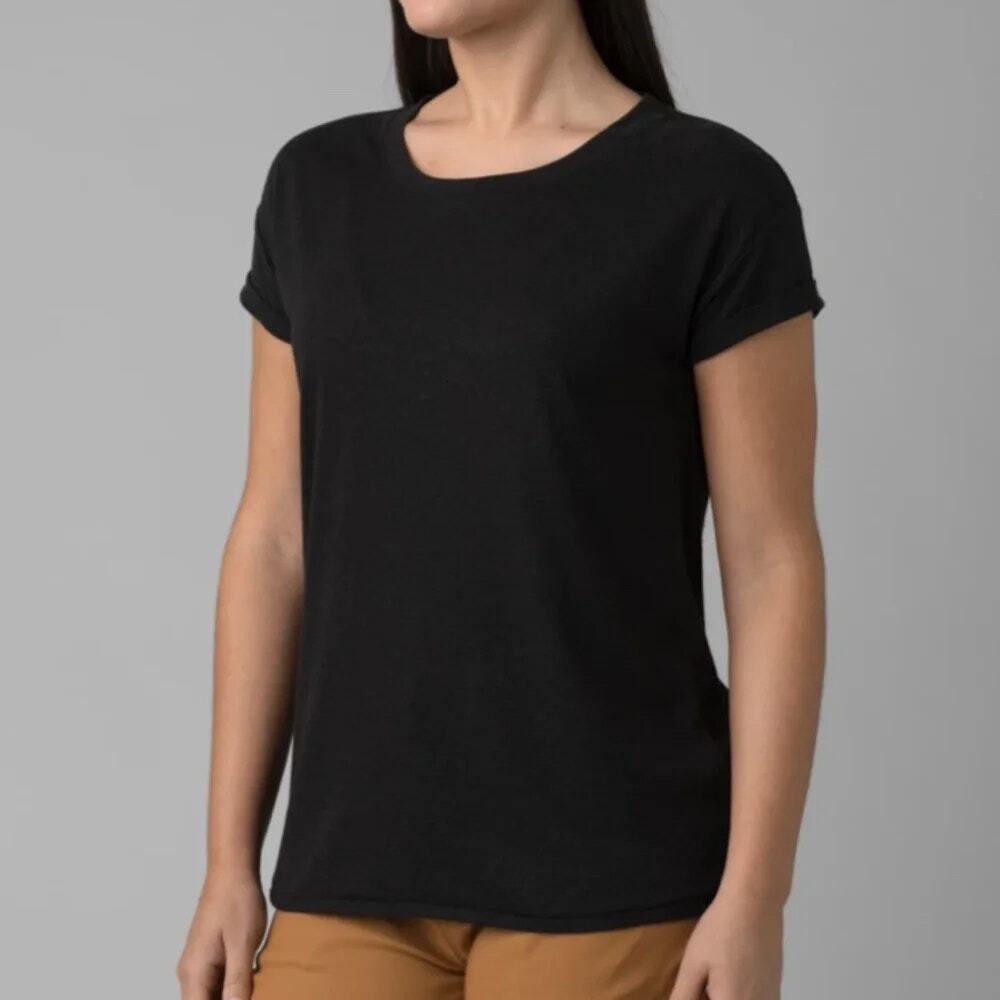 Prana Cozy Up T-Shirt Womens XS Black Relaxed Fit Hemp Tencel Blend Short Sleeve